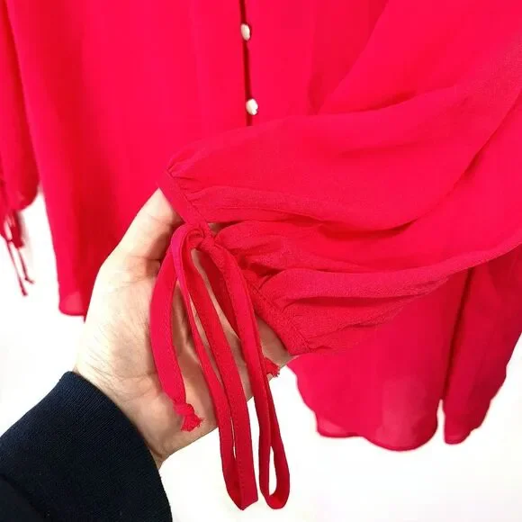 Ashley Stewart Hot Pink Flowy Button Down Bowtie Bishop Sleeves Blouse Sz 18/20W - Picture 3 of 10